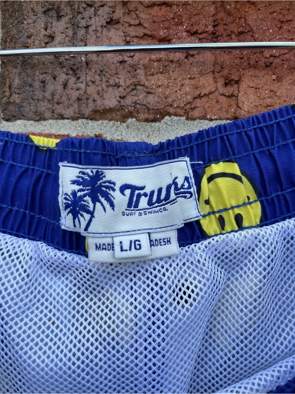 Navy Blue Men's Swim Trunks with Yellow Smiley Print